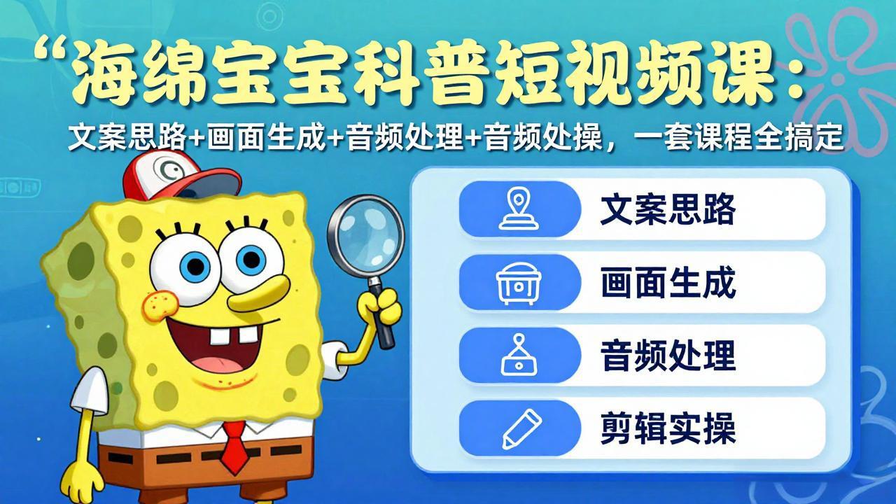 海绵宝宝科普短视频课：文案思路+画面生成+音频处理+剪辑实操，一套课程全搞定-源创文化-衍智堂