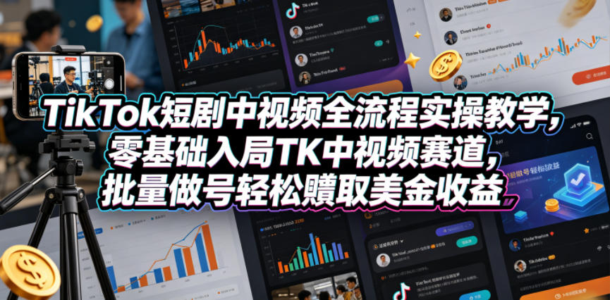 TikTok短剧中视频全流程实操教学，零基础入局TK中视频赛道，批量做号轻松賺取美金收益-源创文化-衍智堂