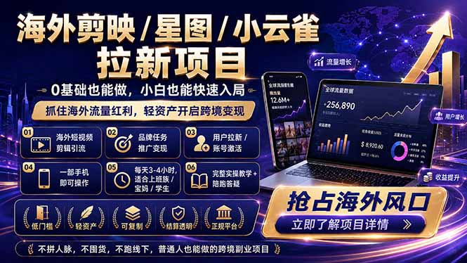 海外剪映 / 星图 / 小云雀拉新项目 普通人也能上手的跨境流量变现副业-源创文化-衍智堂