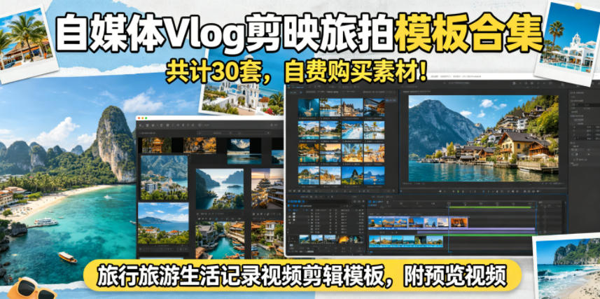 自媒体Vlog剪映旅拍模板合集，共计30套，自费购买素材！旅行旅游生活记录视频剪辑模板，附预览视频-源创文化-衍智堂