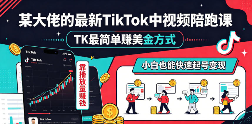 某大佬的最新TikTok中视频陪跑课，TK最简单賺美金方式，靠播放量賺钱，小白也能快速起号变现-源创文化-衍智堂