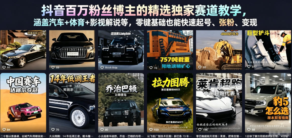 抖音百万粉丝博主的精选独家赛道教学，涵盖汽车+体育+影视解说等，零基础也能快速起号、涨粉、变现-源创文化-衍智堂