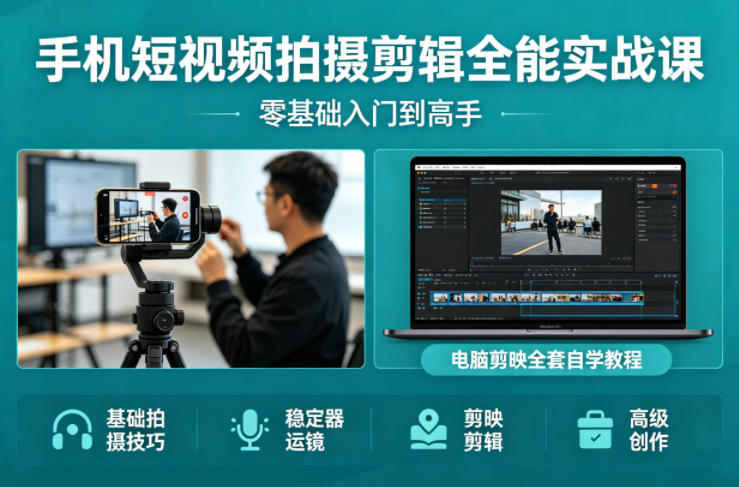 手机短视频拍摄剪辑全能实战课：零基础入门到高手，稳定器运镜+电脑剪映全套自学教程-源创文化-衍智堂